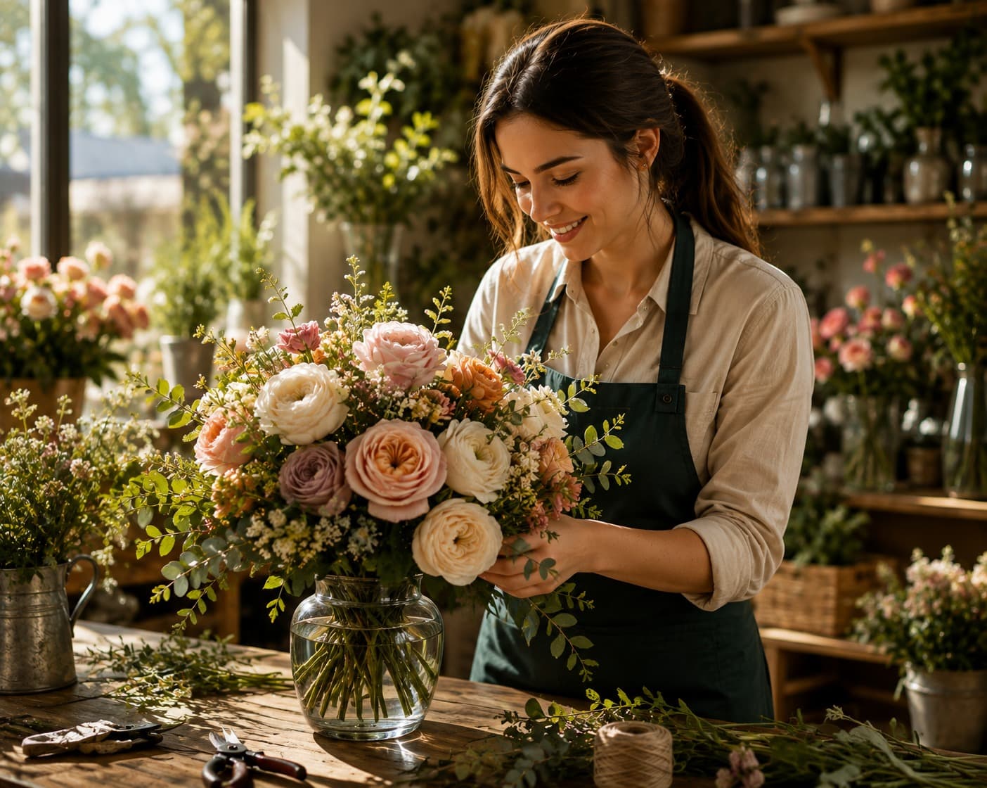 Florist arranging fresh flowers