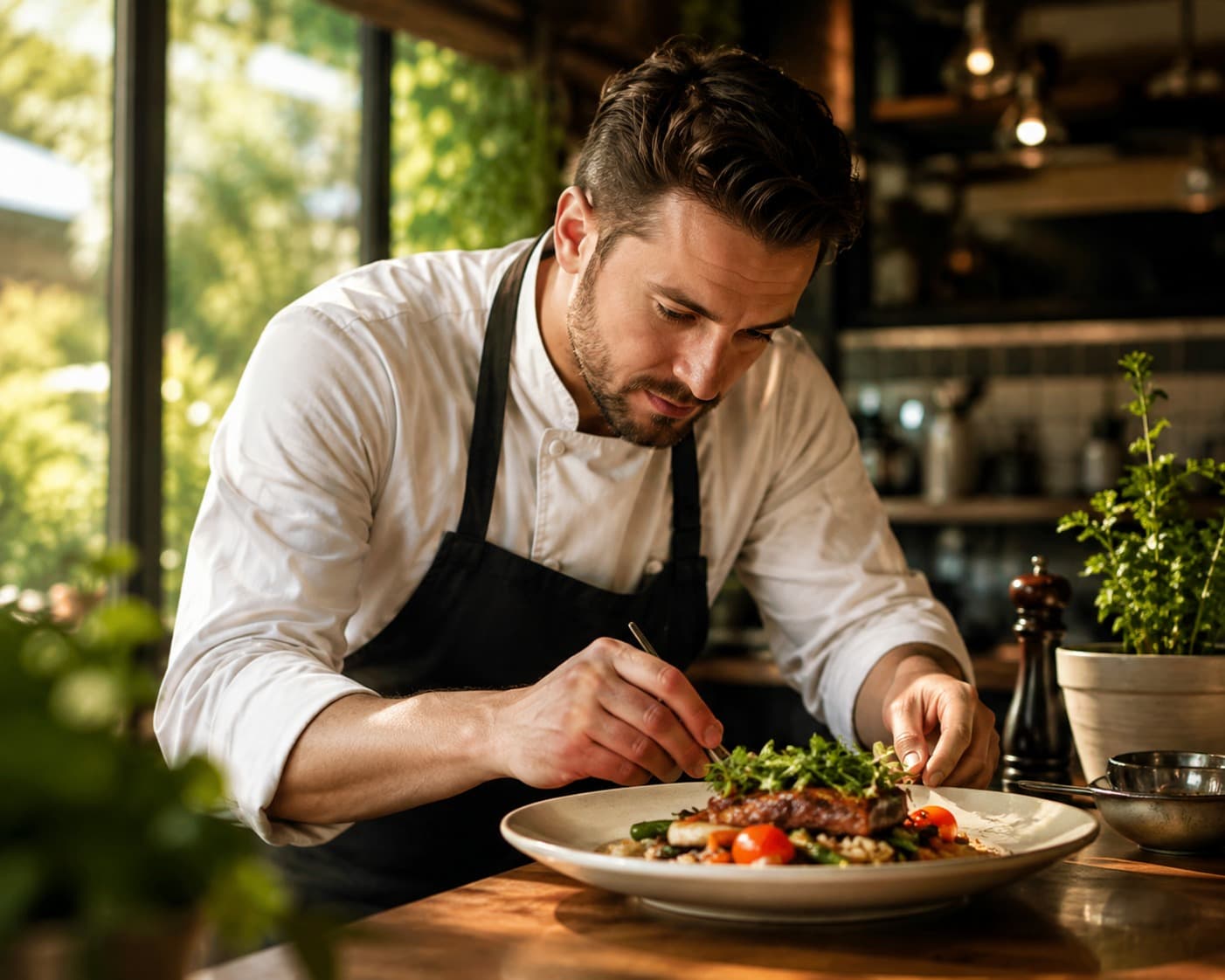 Chef arranging food on plate