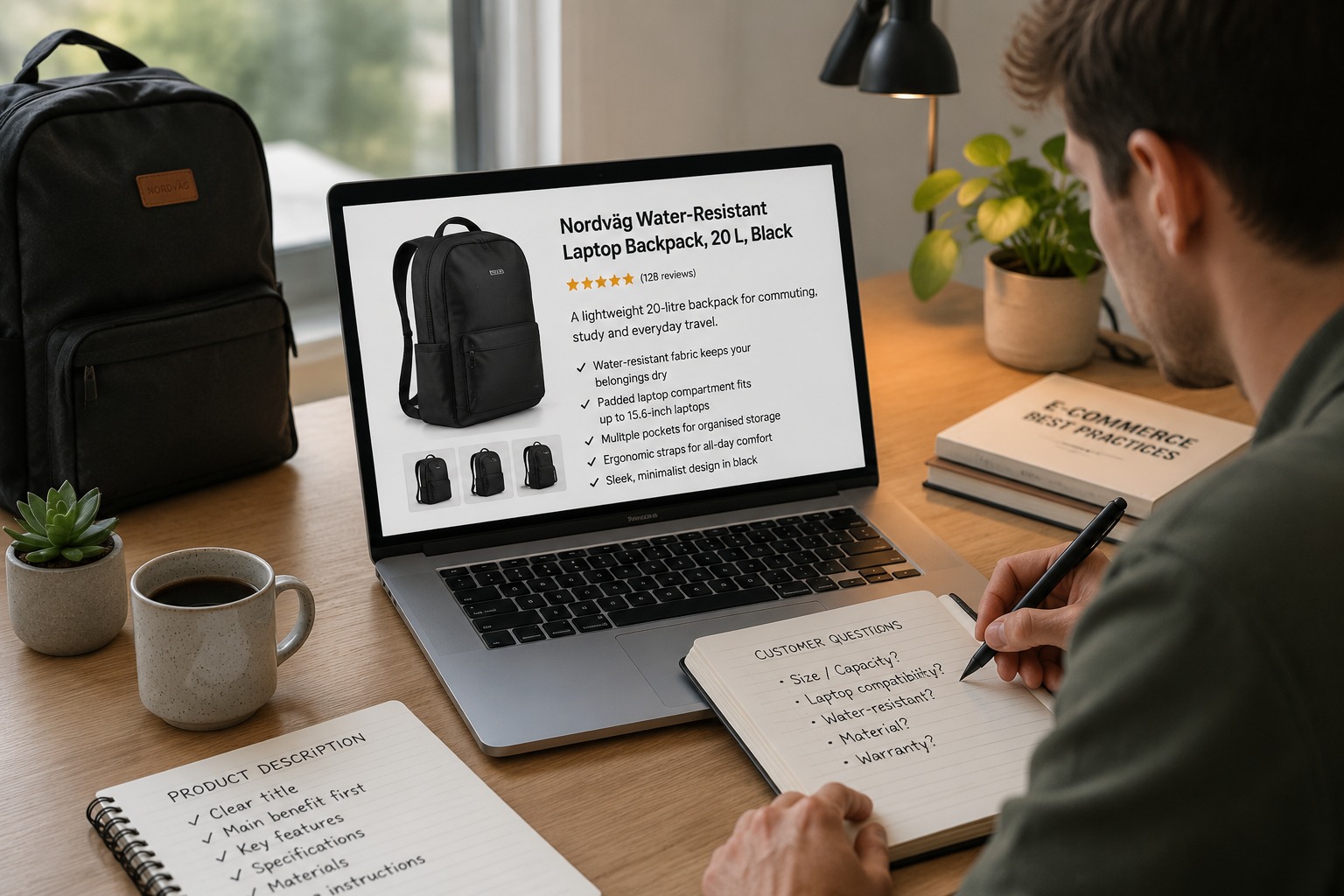 Swedish online seller writing a detailed product description beside products and a laptop